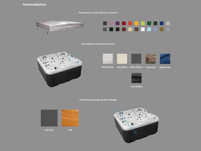 Spa entièrement personnalisable (couleur couverture, couleur de la cuve et couleur d'habillage) 