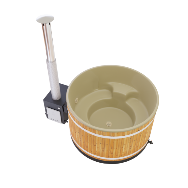 Bain nordique haut de gamme pour 4 à 6 personnes design tendance avec cuve beige habillage en bois thermochauffé à Pertuis dans le Vaucluse 84