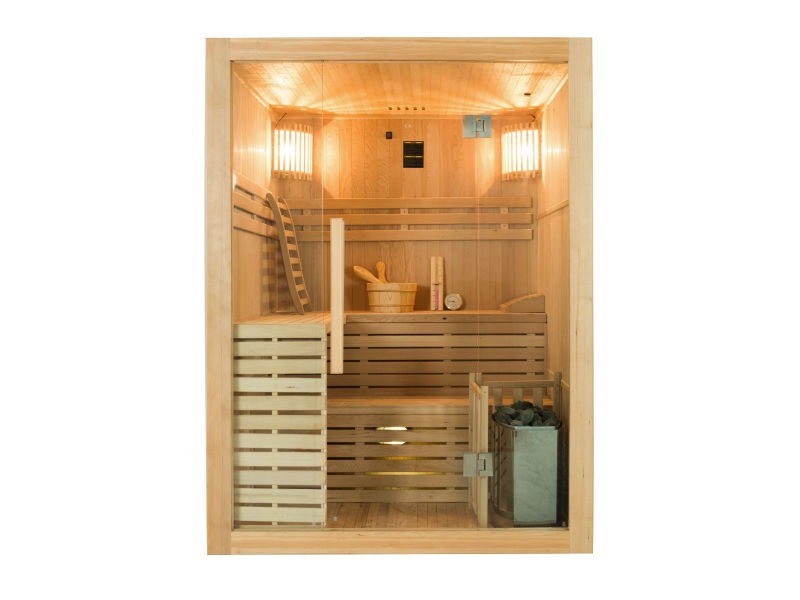 Sauna traditionnel avec grande façade vitrée panoramique pour une évasion totale modèle SENSE disponible pour 4 personnes à Briançon dans le 05
