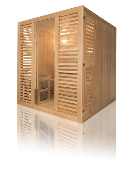 Sauna intérieur traditionnel à vapeur Venetian avec larges persiennes en bois massif et éclairage d'angle dans le Vaucluse 